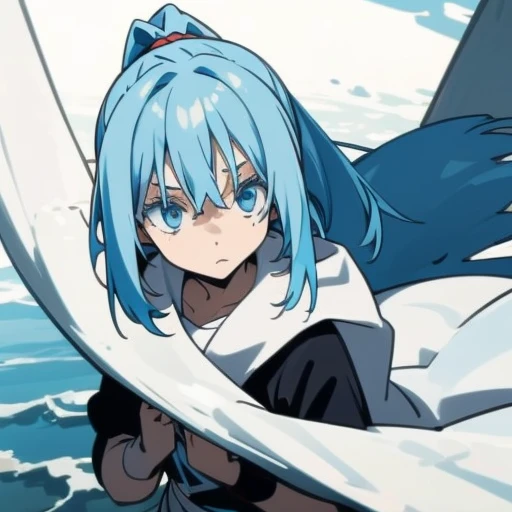 A blue-eyed angel boy with long blue hair in a ponytail with bangs that expose one eye and one eye that is hidden by a bang, and a blue-eyed and long-haired angel girl are holding hands