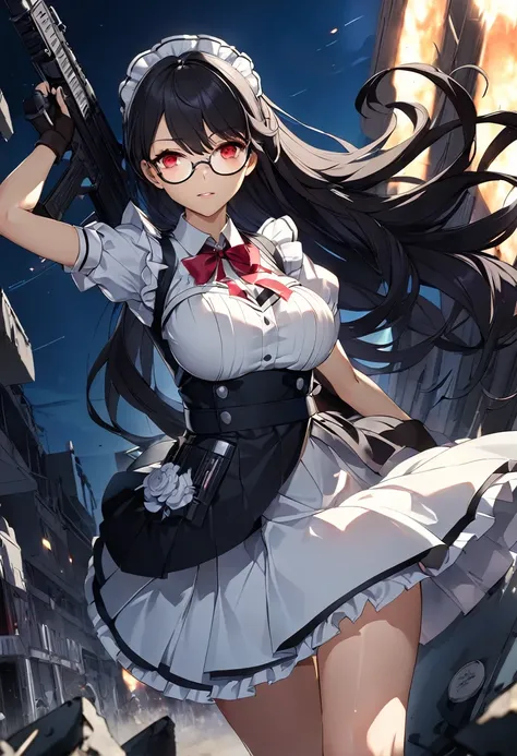 masterpiece、highest quality、Ultra-high resolution、Maximum resolution、Very detailed、Professional Lighting、anime、woman、thin、so beautiful、high school girl、Maid clothes、Has an assault rifle、Red Eye、Black Hair、long hair、Fingerless gloves、Equipped with shooting ...