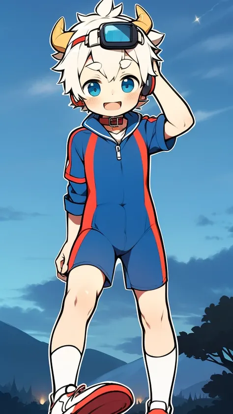 Second dimension boy teenager，One-piece mountaineering suit，horn，Cow ears，Put the headphones on your head，stand up，goggles，sports shoes，Slim，Sailor collar，White knee socks，Short sleeve shorts，Leg ring，cute，happy