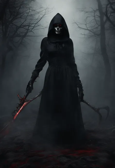 A female grim reaper with the scythe,  all in black and dark. In a scary place with the red eyes glowing, a combination with horror and sexy body. All of her clothes made by zip