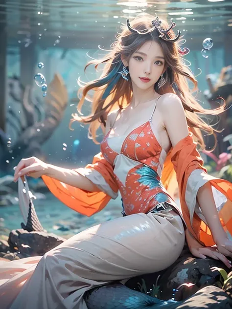 (best quality,ultra-detailed,photorealistic),blue water,sparkling scales, flowy hair, underwater world, colorful coral reefs, ethereal lighting, dreamy atmosphere, fantasy theme, mystical creatures, magical powers, enchanting melodies, mesmerizing beauty, ...