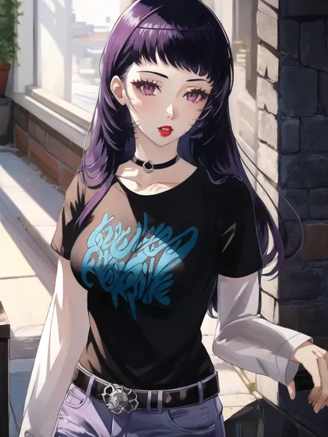 ivy_fe, purple hair, 1girl, solo, black t-shirt, white shirt, blue jeans, belt, lipstick, large breasts