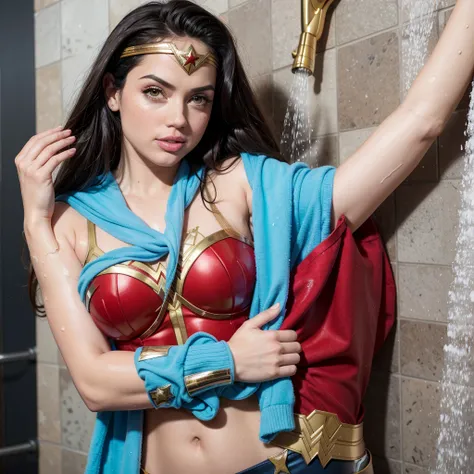 ADArmas, wonder woman superhero outfit, taking a shower 