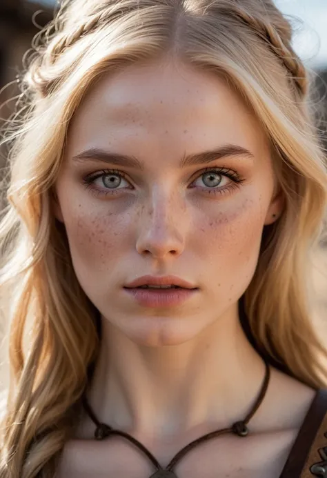 ((intricate details, extreme close up portrait, pale skin)), beautiful blonde 20 year old female warrior wearing a (revealing soft light brown embroidered leather outfit), beauty mark, moles, freckles, (bright sky-blue eyes:1.2), crowded and rowdy medieval...