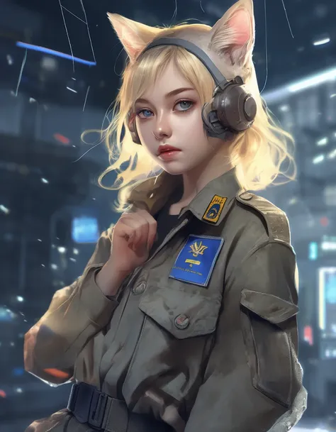 Girl from Ukraine , Ukraine anime girl ,Ukraine ,  Full body pose of a young woman with messy light blonde hair, Eye makeup, 11years, Cat ears, soft light, Solitary, Wearing a worn-out futuristic military uniform, Cats paw badge, Put in, Mottled colors, Oc...