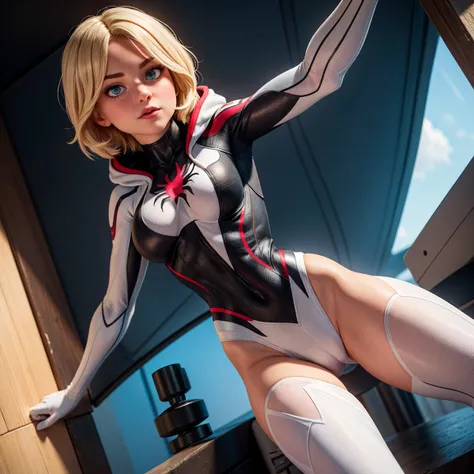 UHD, masterpiece, accurate, anatomically correct, super details, high details, high quality, best quality, 8k, high resolution. The heroine, Spider Woman (Gwen Stacy), looks beautiful in a full-length photo. Blue eyes, very short blonde hair, transform her...