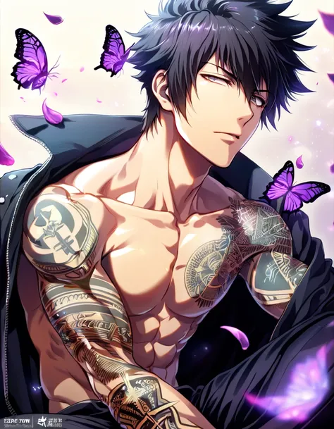 absurdres, highres, ultra detailed, HDR, master piece, best quality, Kougami Shinya, black hair, expressive gray eyes, Psycho Pass, solo, sexy man, handsome, toned chest, black coat, sitting, tattoos, cross, purple butterflies, petals, magical