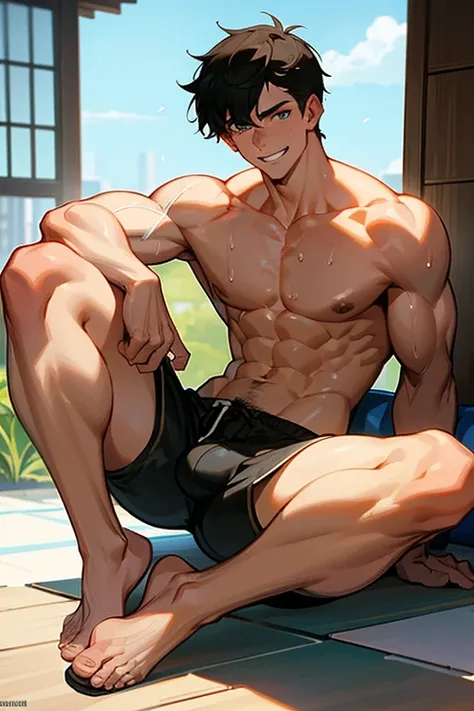 shirtless super muscular sweat-drenched 23-year old short black hair handsome caucasian male, big bulge, wearing shorts, wear slippers, barefoot, smiling 