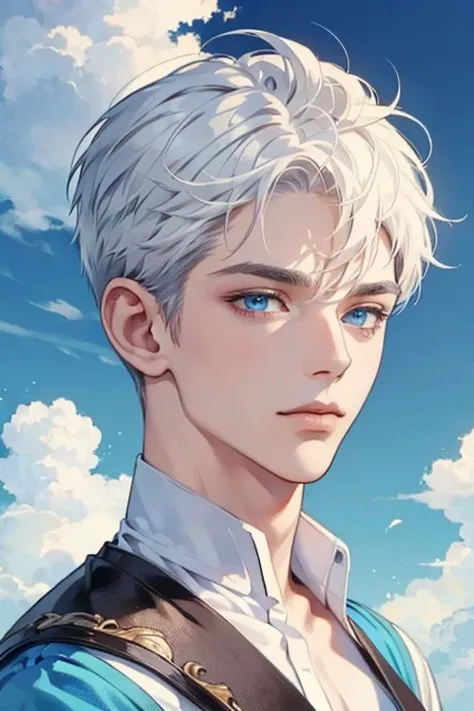 1 men, short White hair, beautiful face, defined body, sky blue eyes