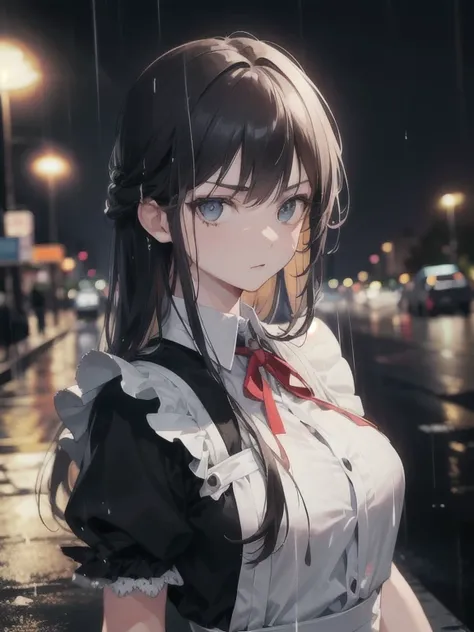 (best quality,ultra-detailed,realistic:1.37) A girl in a maid dress stands in the middle of the street, getting wet in the rain. She is holding a Japanese sword in her hand, glaring at the viewer. The dress is tattered and torn, while her hair is long and ...