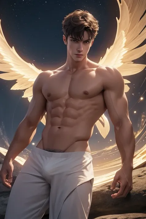 Full Body photorealistic create a boy slim very sexy fractal shirtless very handsome celestial ,8k uhd, model, dynamic pose, ultra lighiting 4k, warm light, detailed eye, detailed face