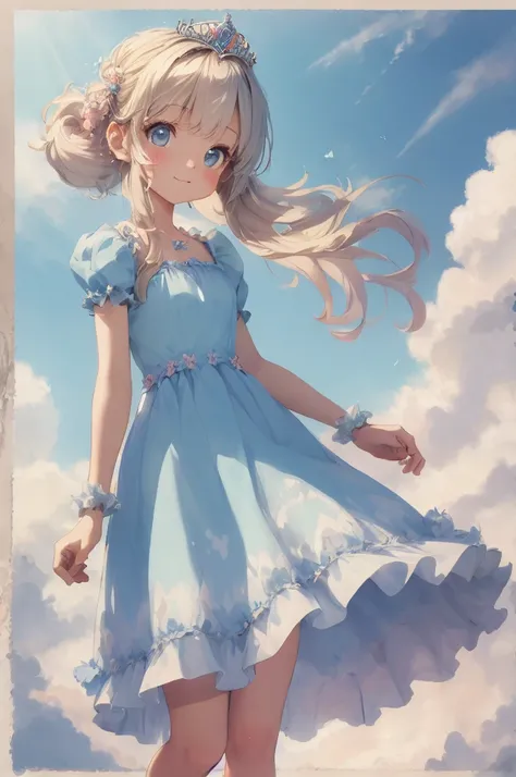 Absurd, High resolution, Super detailed, (One cute princess:1.3), A little smile, Cloud Dress, fluffy, Cute pose, blue sky, de luz, Pastel style, Soft Blending, Dreamy wash, Warm texture, Beautiful graphics, high quality