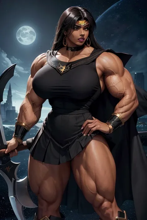 ((((Massive, tall, beautiful, buff, brown skinned  muscular woman with black hair, black lipstick, ginormous bulky muscles and wearing a black sailor moon costume and skirt)))), (close view), massive muscles, massive biceps, hyper muscle triceps, very dark...