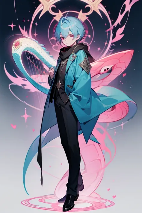 12 year old boy, pale blue hair, pinkish red eyes, full body, ble scarf, Serpent Tunic, Serpent bottom, Harp, Ophiuchus overcoat, Ophiuchus Sign, 