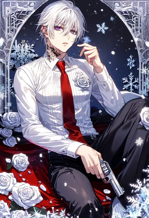 Ultra detailed, HDR, Highres, absurdres, master piece, Zero Kiryuu, white hair, short hair, expressive purple eyes, Vampire Knight, ice butterflies, winter, ice, snowflakes, white flowers, sexy man, solo, extremely detailed face and eyes, handsome, glitter...