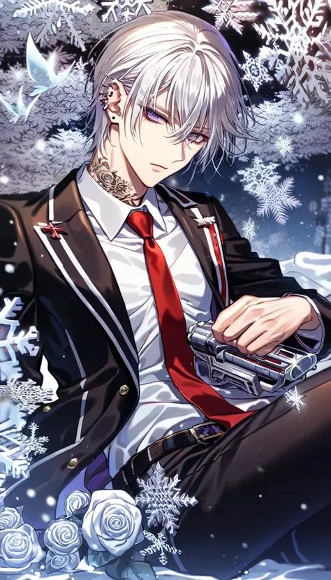 Ultra detailed, HDR, Highres, absurdres, master piece, Zero Kiryuu, white hair, short hair, expressive purple eyes, Vampire Knight, ice butterflies, winter, ice, snowflakes, white flowers, sexy man, solo, extremely detailed face and eyes, handsome, glitter...