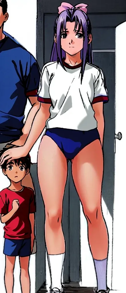 Momoko Koigakubo, a tall girl with beautiful legs, stands in a white gym uniform and light navy blue bloomers that look like panties.。In front of Momoko, standing next to her, is a first grade boy wearing a tracksuit with a big smile on his face, and Momok...