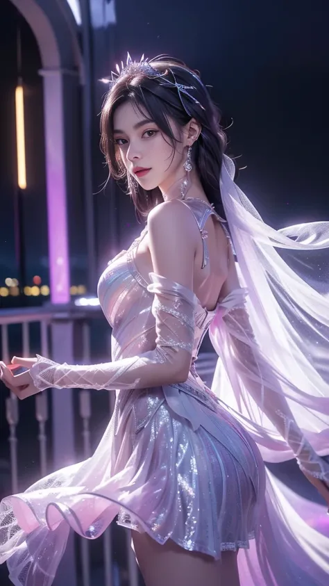 8K, Ultra HD, masterpiece, best quality, 1 girl, ((Realistic face)), Happy pace, Very long hair, Small Breasts, Perfect waist, Decorated Dress, very beautiful Decorations dress, White, ((Lace)), Mesh dress, Flowing mesh cape, sardine, cycle, ((Decorations)...