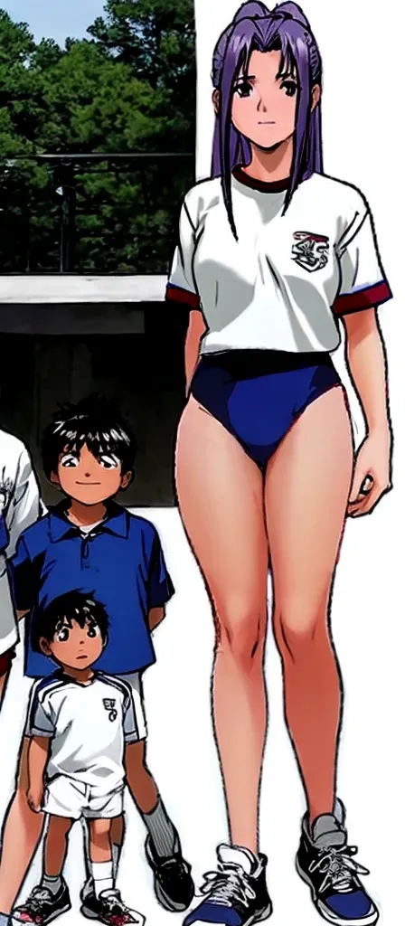 Momoko Koigakubo, a tall girl with beautiful legs, is standing with a smile on her face in a white gym uniform and light navy blue bloomers that look like panties.。Next to Momoko, a second-grade boy in a tracksuit is standing, clutching her thighs with a h...