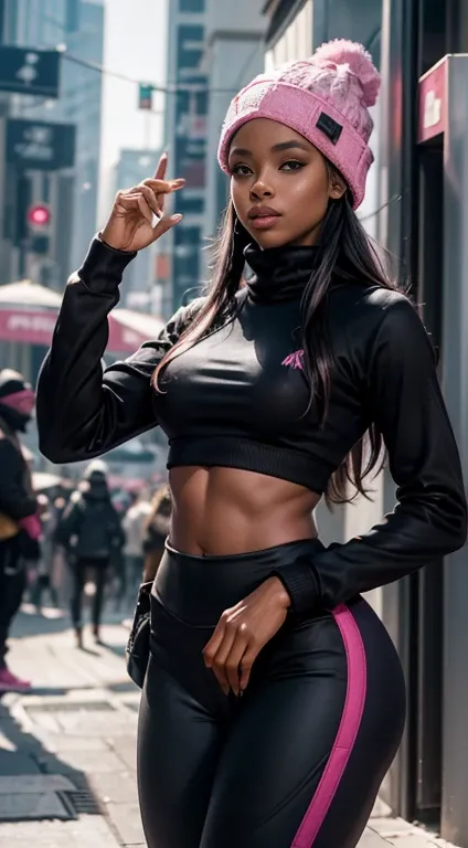 {(Sha’Carri Richardson, usando (legging preto de couro), e um (moletom pink, with Stylish Toca De Frio wool beanie), (sensual)corpo peito, quadril largo, cintura fina, coxas largas e grossas}, pernas musculosas.