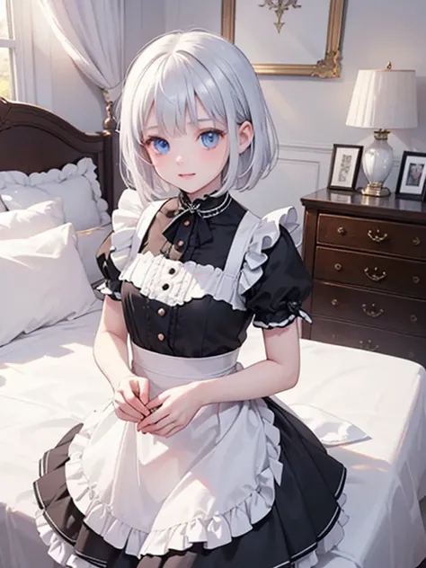 (8k, highest quality, Tabletop:1.2)、Ultra-high resolution, 14-year-old girl, Perfect Fingers, Detailed face, blue eyes, Silver Hair, short hair, Black maid outfit, classical European style bedroom, In the city, Bedroom, Making the bed