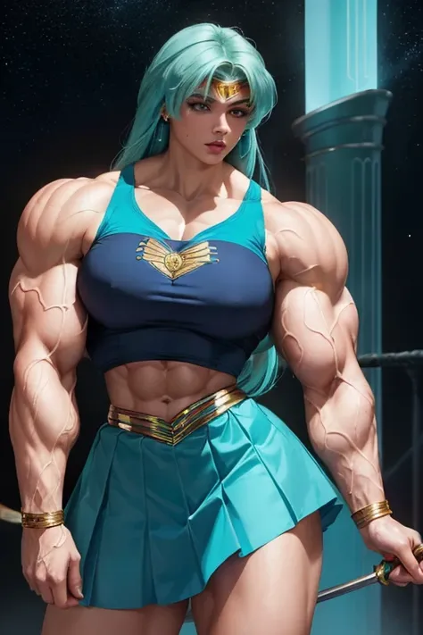 ((((Massive, tall, beautiful, buff, pale light skinned muscular woman with cyan hair, ginormous bulky muscles and wearing a cyan sailor moon costume and skirt)))), (close view), massive muscles, massive biceps, hyper muscle triceps, pale skin, medium lengt...