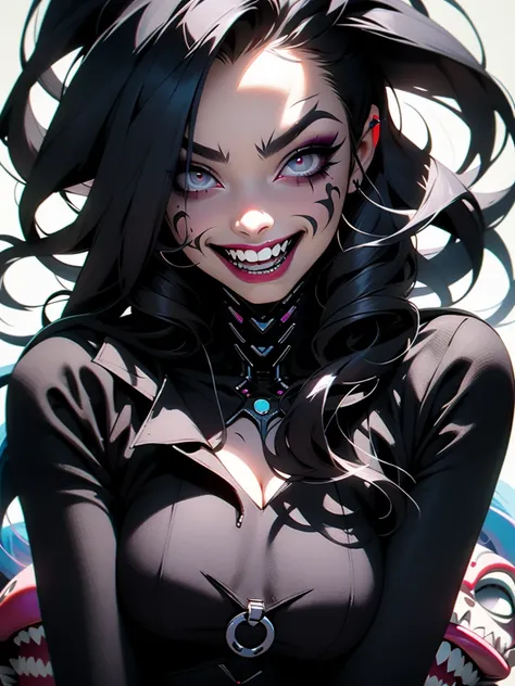 a woman sitting vampire  in front of a graffiti covered wall, icon for an ai app, portrait of cute goth girl, instagram digital, evil grin, animated still, zoom out, evil crazy laugh, hydropunk, detailed color scan, dark make up, characters merged, identic...