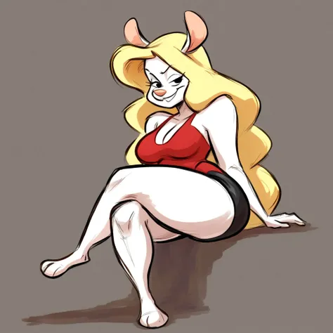 Minvera mink from Animaniacs, wearing black swimming shorts, yellow girl hair, red one piece swimsuit, sitting down with crossed legs, has thick thighs, smug expression, high quality, crisp, 1girl,