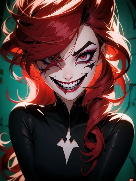 a woman sitting vampire dentes pontiagudos, red hair  in front of a graffiti covered wall, icon for an ai app, portrait of cute goth girl, instagram digital, evil grin, animated still, zoom out, evil crazy laugh, hydropunk, detailed color scan, dark make u...