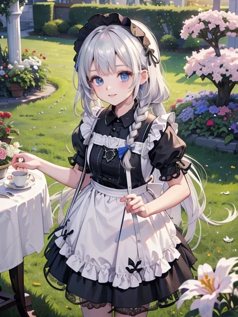 (8k, highest quality, Tabletop:1.2)、Ultra-high resolution, Detailed face, Perfect Fingers, 14-year-old girl, blue eyes, Silver Hair, Long Hair, Braid, Black maid outfit, Black bonnet, White apron, Dreamscape, garden, flower bed, Pruning in progress