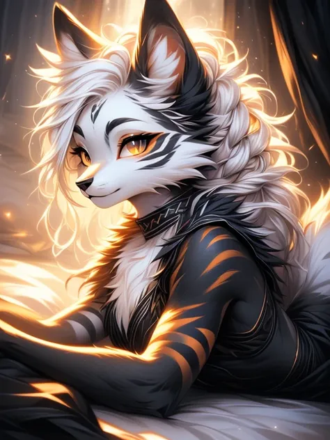 ( Absurdly , High quality , ultra detailed ) ,( hand detailed ) , absurdres(highly detailed beautiful face and eyes)perfect anatomy Solo, sfw, Young Female white fox-cat (((lean-body))) (((medium breasts))) (short snout),(((fur (black stripe) between neck ...