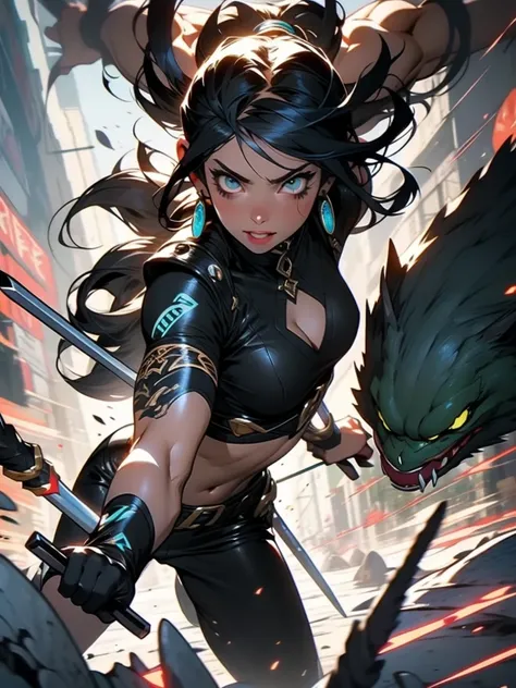 Amazon girl armed with spear , corpo perfeito, shape lindo, olhos azuis e cabelo preto, semi nua, attack positioning with spears and shields, seios grandes, tatos neon e grafite,  roupa de amazonas