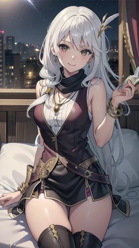 masterpiece, best quality, 1 solo girl, silver hair, yellow eyes, long hair, medium breasts, sexy body and face, wavy hair, smile, sleeveless shirt, scarf, black thigh-high, mini skirt, pendant, bracelet, jewelry, earrings, feather hair ornament, book, lyi...