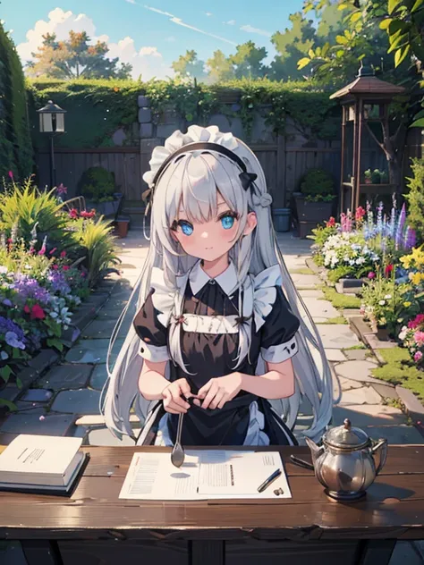 (8k, highest quality, Tabletop:1.2)、Ultra-high resolution, Detailed face, Perfect Fingers, 14-year-old girl, blue eyes, Silver Hair, Long Hair, Braid, Black maid outfit, Black headband, White apron,  garden, flower bed, Pruning in progress