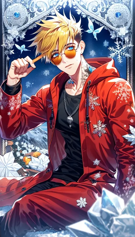 Ultra detailed, HDR, Highres, absurdres, master piece, Vash Stampede, blond hair, expressive blue eyes, amber round sunglasses, Trigun, ice butterflies, winter, ice, snowflakes, white flowers, sexy man, solo, extremely detailed face and eyes, handsome, gli...