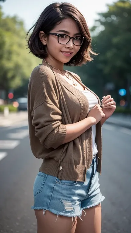 1 Malay girl, best quality, masterpiece, high resolution, [purple|sliver|green] short curl hair, wearing cardigan, short tube, black extreme hot pants, hair accessory, necklace, jewelry, beautiful face, glasses, smile grin, naughty, looking forward, half b...