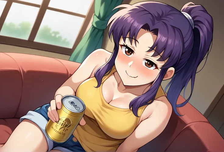 misato_katsuragui, 1girl, purple hair center parted, sidelocks, ponytail, solo, (drunk:1.2) (flushed:1.1) (blushing:1.3), open mouth cute wavy mouth, holding (beer glass:1.1), (loose:1.2) clothing, yellow loose crop top, breasts, shorts, sitting, cleavage,...