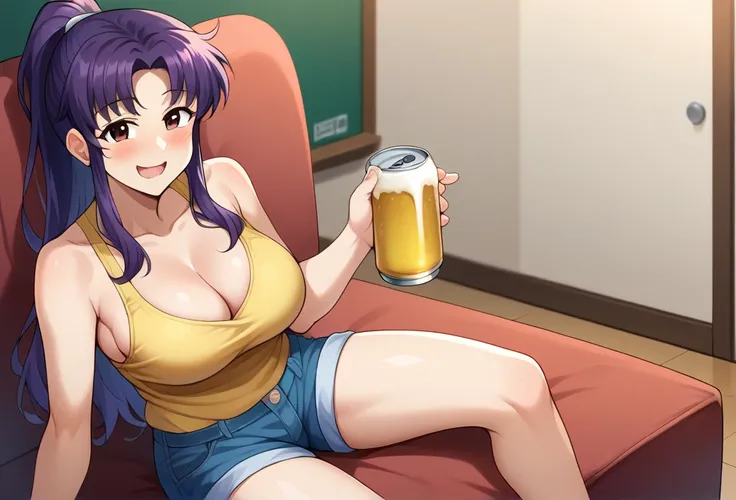 misato_katsuragui, 1girl, purple hair center parted, sidelocks, ponytail, solo, (drunk:1.2) (flushed:1.1) (blushing:1.3), open mouth cute wavy mouth, holding (beer glass:1.1), (loose:1.2) clothing, yellow loose crop top, breasts, shorts, sitting, cleavage,...