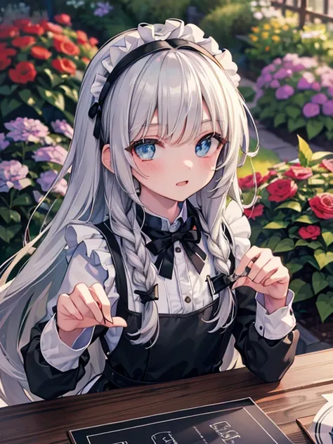 (8k, highest quality, Tabletop:1.2)、Ultra-high resolution, Detailed face, Perfect Fingers, 14-year-old girl, blue eyes, Silver Hair, Long Hair, Braid, Black maid outfit, Headband, White apron, Dreamscape, garden, flower bed, Pruning in progress