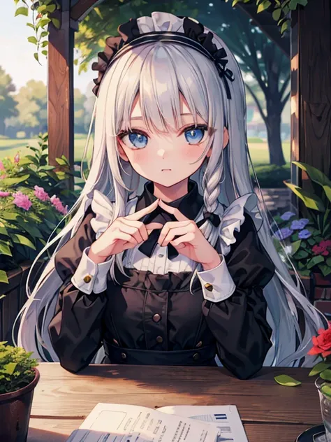 (8k, highest quality, Tabletop:1.2)、Ultra-high resolution, Detailed face, Perfect Fingers, 14-year-old girl, blue eyes, Silver Hair, Long Hair, Braid, Black maid outfit, Headband, White apron, Dreamscape, garden, flower bed, Pruning in progress