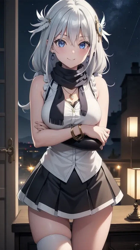 masterpiece, best quality, 1 solo girl, silver hair, blue eyes, long hair, medium breasts, sexy body and face, wavy hair, smile, sleeveless shirt, scarf, black thigh-high, mini skirt, pendant, bracelet, jewelry, earrings, feather hair ornament, book, lying...