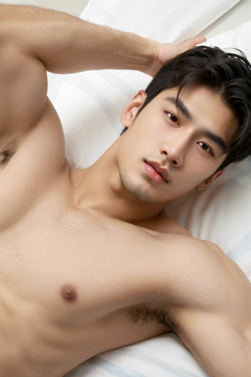 full body shot of an Asian male Model, 16 years old young man with very nice chest, big biceps, perfect face model, with symmetrical facial features, facial hair, attractive facial features, perfect face, flawless face, perfect facial features, clean perfe...