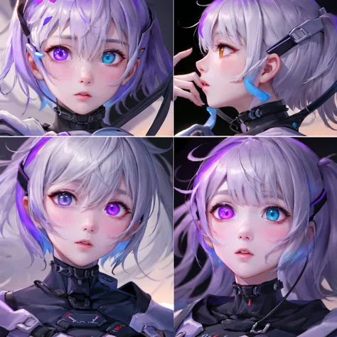 (masterpiece: 1.3)、(Highest品質: 1.2)、8k、Disorganized、unity 8k wallpaper、(Very detailed: 1.3)、Highest、malefemaleのカップル、Heterochromia、Gray Hair、Purple Hair、Split Theme、male、female、cyber punk、