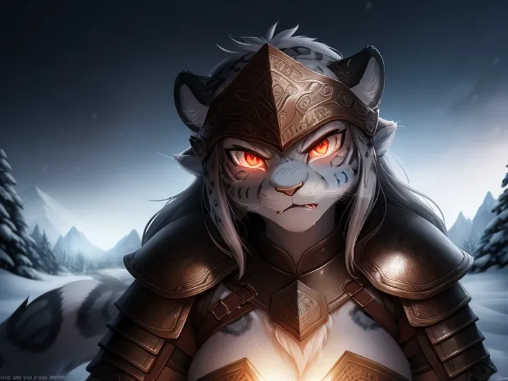 ((angry anthro snow leopard female wearing epic viking armor with runes and a helmet )), (red glowing eyes) ,raw photo, (epic ic...