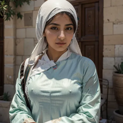 Beautiful woman, 21 years, Palestine 🇵🇸 , Levantine Arab traditional clothing, kufiya on the neck