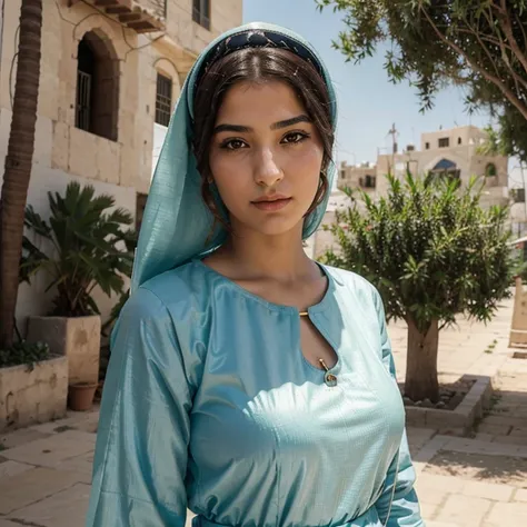 Beautiful woman, 21 years, Palestine 🇵🇸 , Levantine Arab traditional clothing, kufiya on the neck