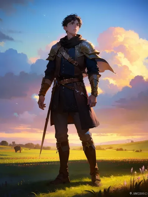 masterpiece, best quality, rpg character art, epic fantasy art style, 1 man, Aldric, 18 year old man, youthful appearance, skinny, normal build, shocked expression with jaw dropped looking up at the sky, full body fantasy concept art, short dark black hair...