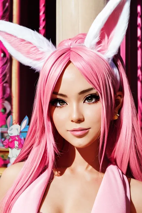 Anime Style, Cartoon close-up of a woman with bunny ears and a tail, With rabbit tail, With rabbit ears, Girl Design, times, Portraiture, Gisha, Anime Images, Long Hair, Pink Hair, Hair covering the ears, Happy, Sophisticated and powerful appearance, exoti...