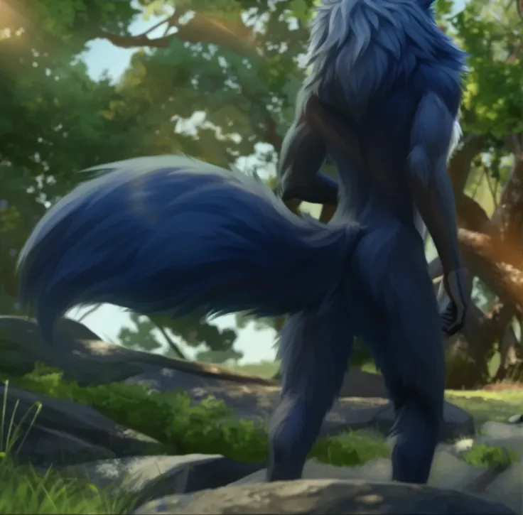 a wolf in a sunlit forest searching the grass and dirt, highly detailed, 8K, solo, male, full body, stalking pose, nose near the ground, two-tone fur, yellow eyes, in back turned posing 