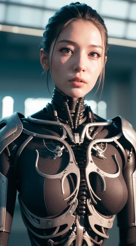 Perfect female face, female robot, Ceramic silhouette, robot,  parts, cable, Microchips, Lace, Bare spine, exposed bones, Exoskeleton, Parts damaged, Bare internal organs, Broken body, whole body, beautiful asian female face, cleanface, whole face, delicat...